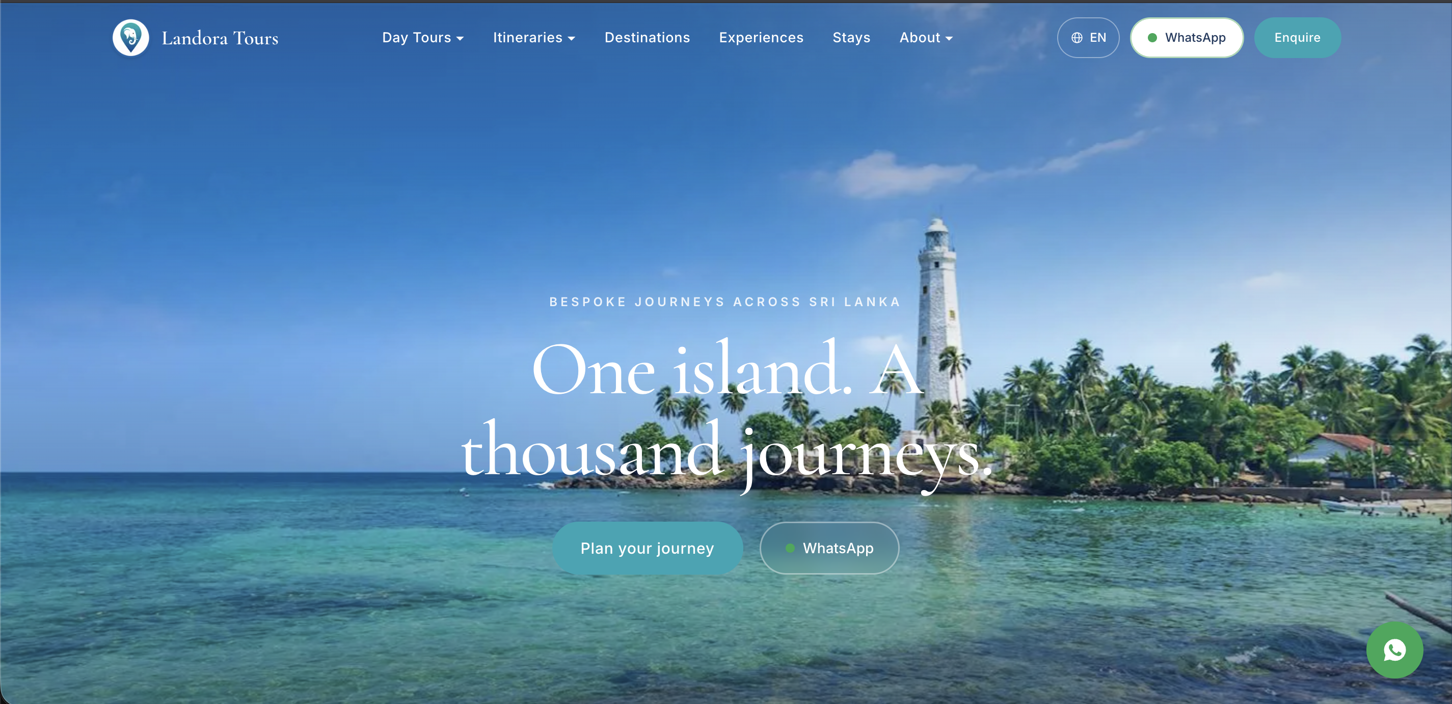 The Landora Tours homepage, a full-bleed photograph of the Sri Lankan coast with the line One island. A thousand journeys.