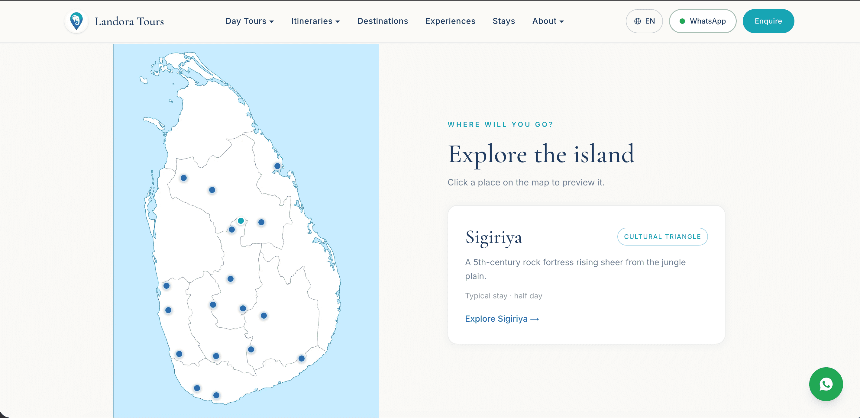 The interactive map of Sri Lanka with destinations marked and a preview panel