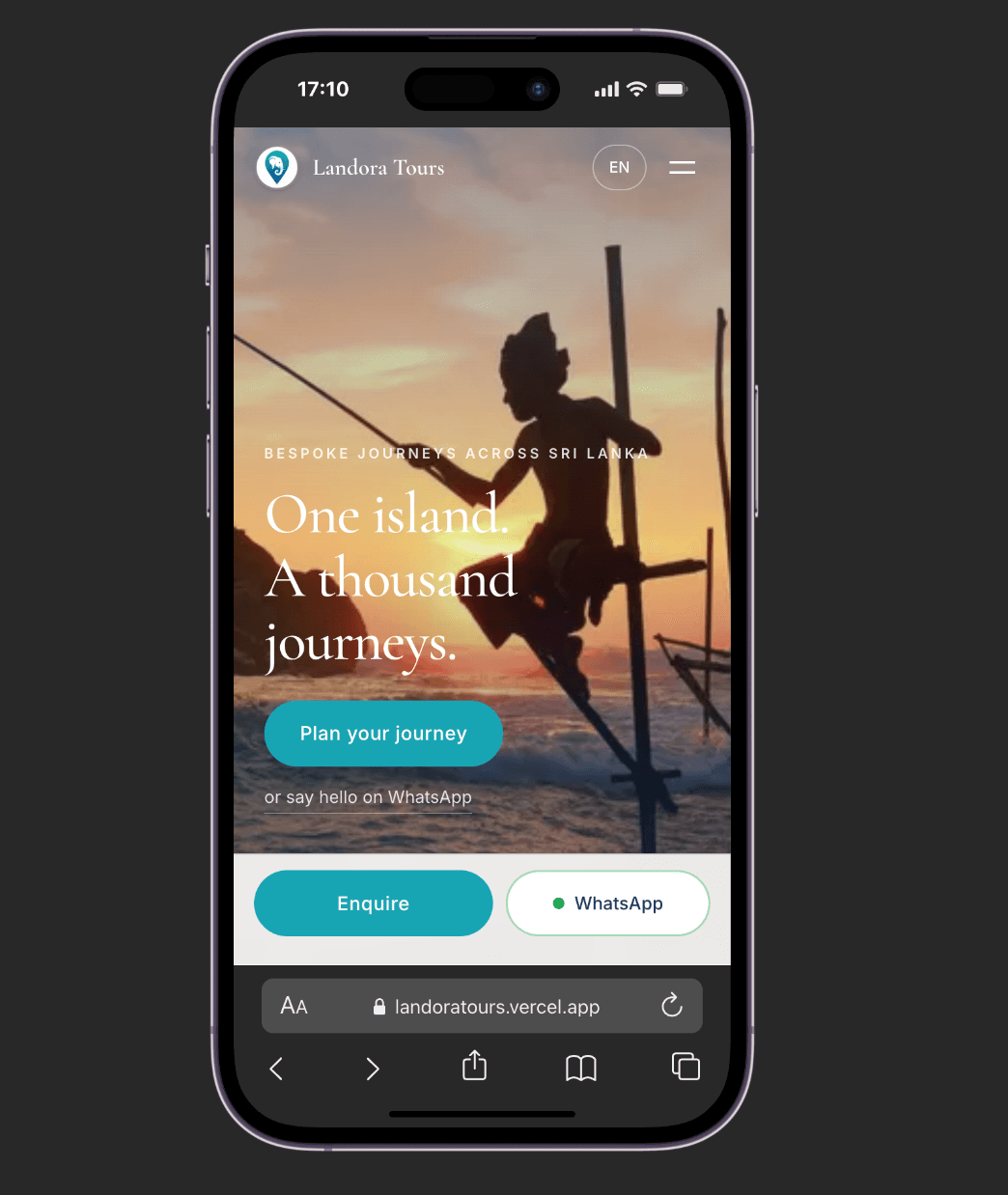 The Landora Tours homepage on a phone, with the enquire and WhatsApp buttons pinned to the bottom