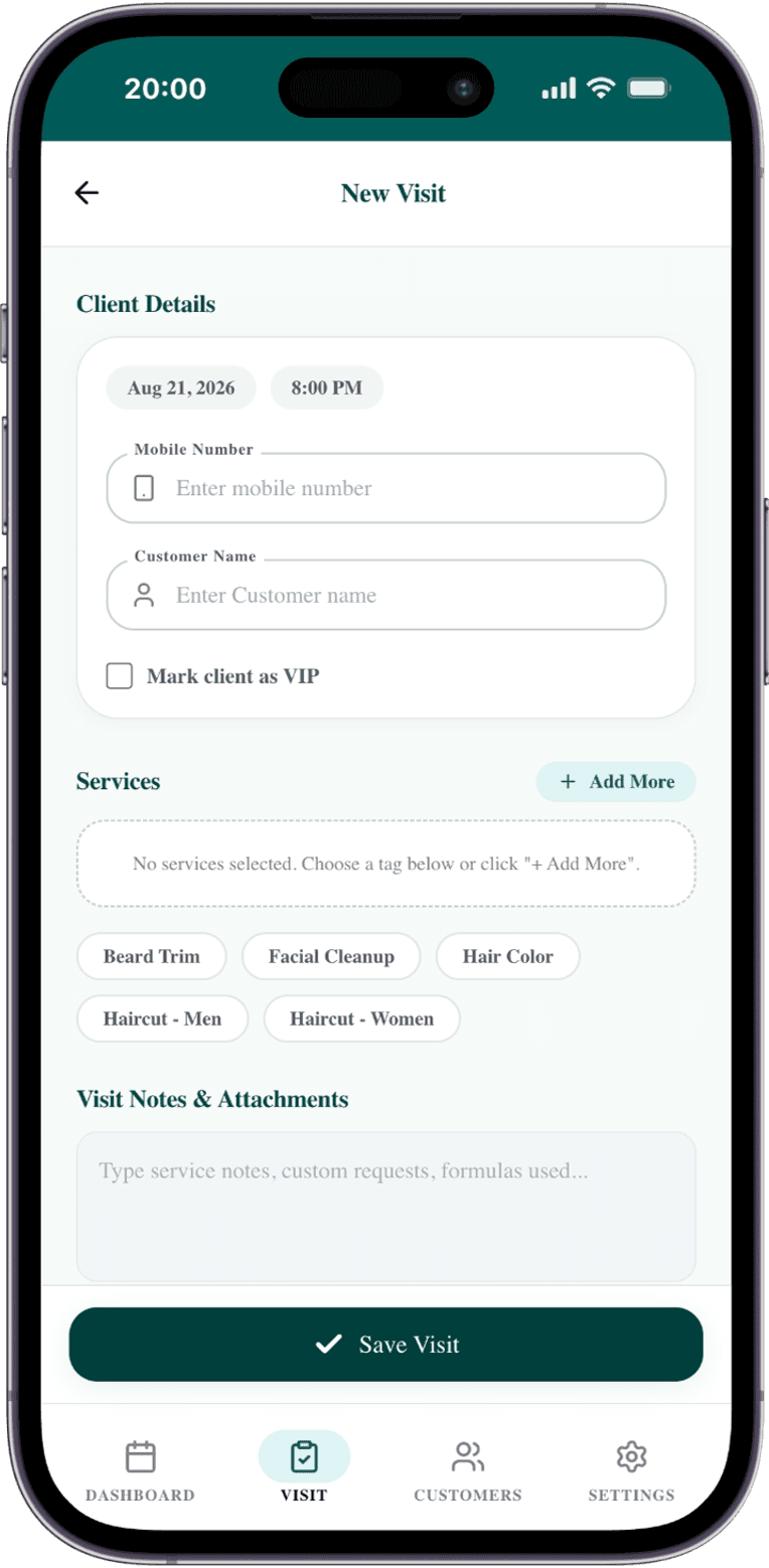 The New Visit screen on a phone, with client details, service tags and a Save Visit button