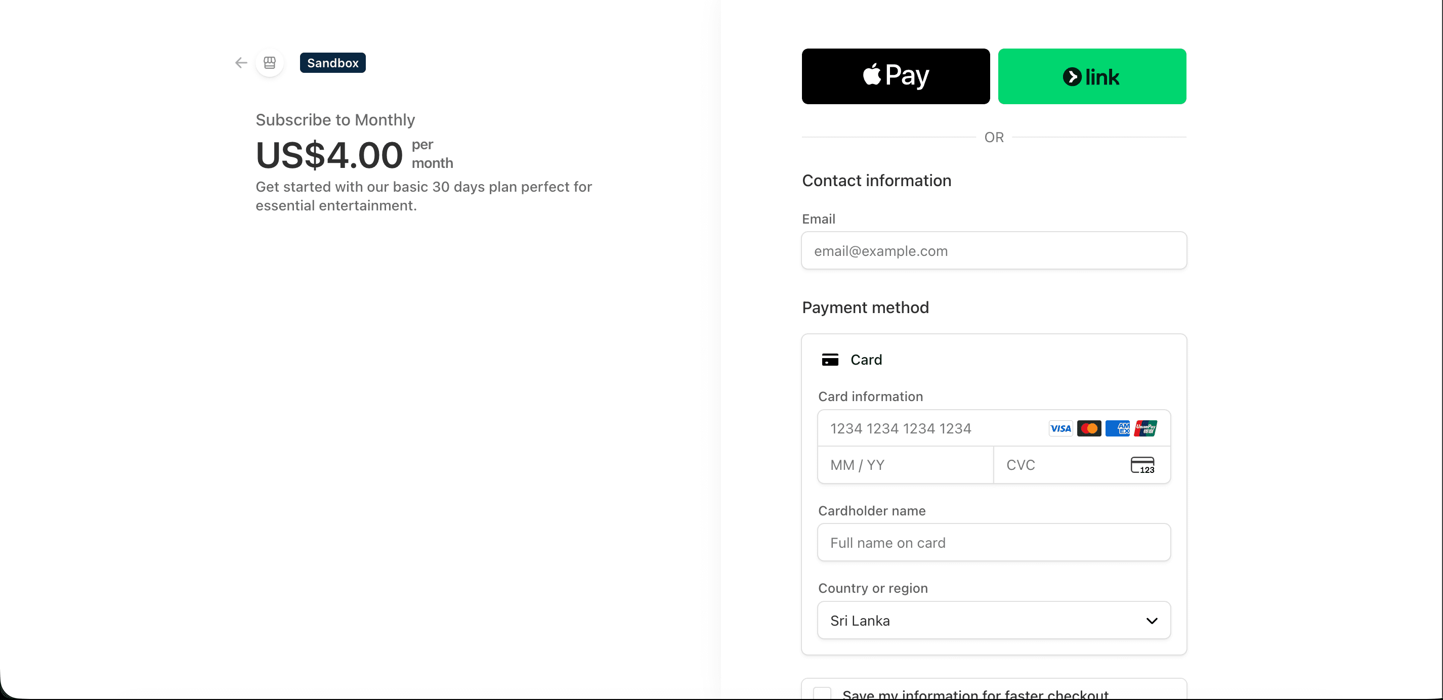 The Stripe checkout for a Susila monthly subscription